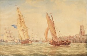 Tres balandras de guerra y un barco pesquero entrando en el puerto, Portsmouth, c.1800-30